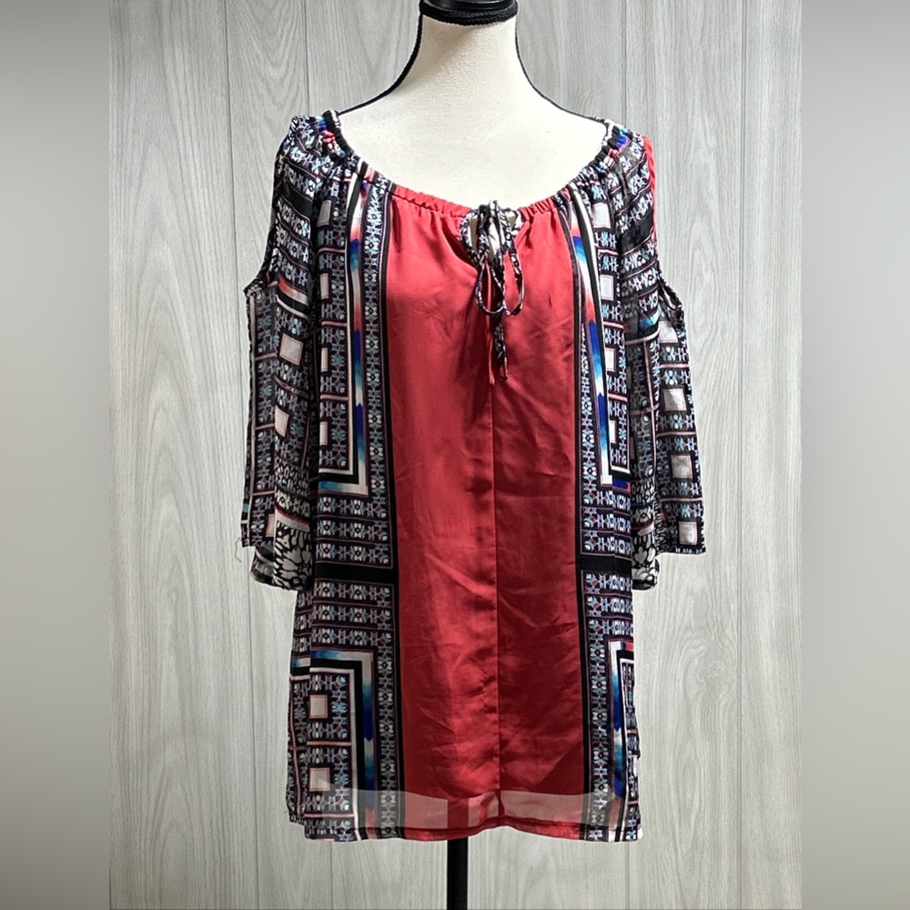 New Directions Cold Shoulder 3/4 Sleeve Colorful Blouse Size Small
